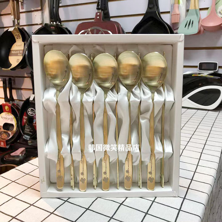 Korean 5-Piece Spoon and Chopstick Set, Korean-Style Tableware, Gold Color, Lucky Clover Spoon and Chopstick Set, Imported 18-10 Stainless Steel