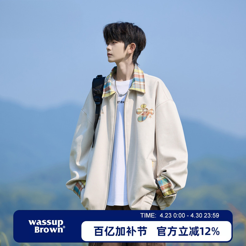Wassup Brown American Dopamine Plaid Jacket Men's 2026 Spring New Loose Casual Jacket