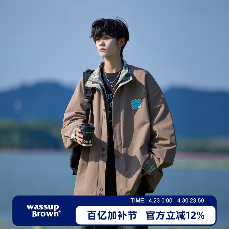 Wassup Brown Plaid Patchwork Casual Jacket for Men 2026 Spring New Stand Collar Loose Versatile Coat