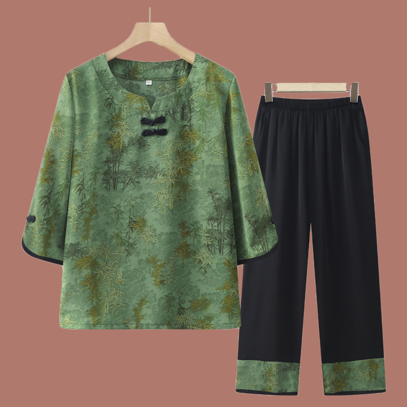 Middle-Aged and Elderly Women's Summer Outfit Set, Mother's Three-Quarter Sleeve Loose T-Shirt, Elegant and Noble, Grandma's Breathable Cotton Silk Two-Piece Set