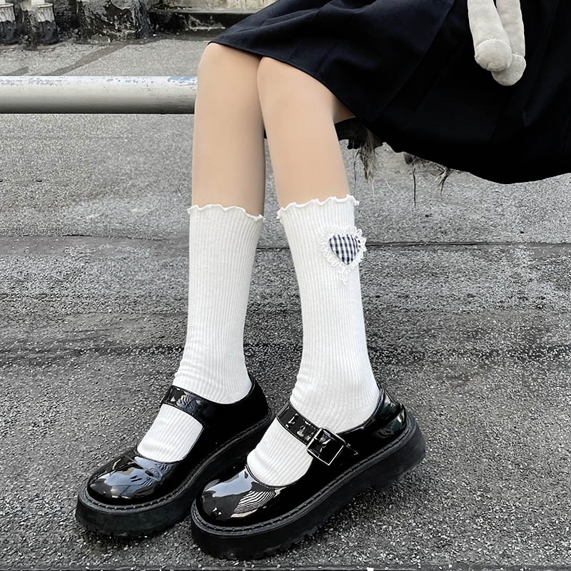 Fathronic small crowdcare checkered Agaric Side Calf Socks Roleita Socks Women's Day Department Cute Soft-girl Jk Midbarrel Socks