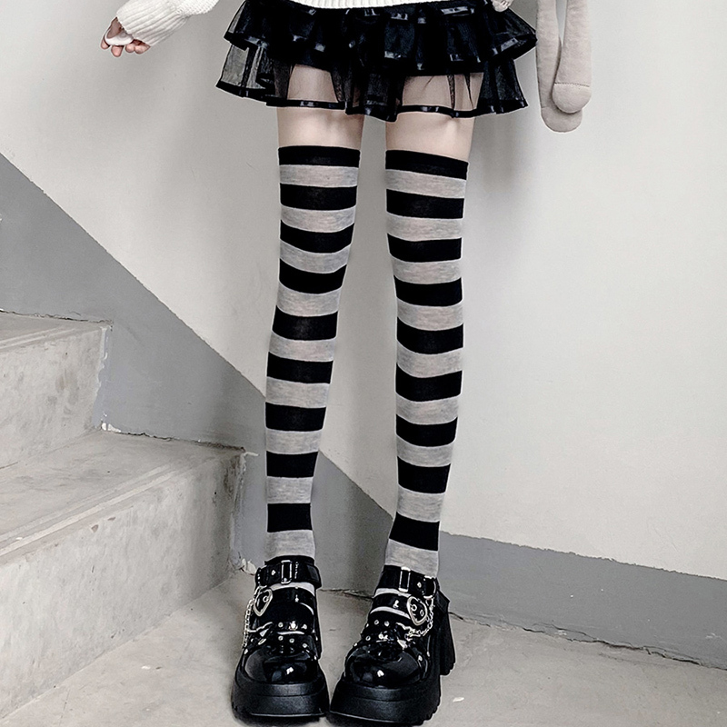 Black and Gray Striped Socks Women's Long Socks High Thigh Socks Y2K Subculture Dark Japanese Punk Jk Over-The-Knee Socks