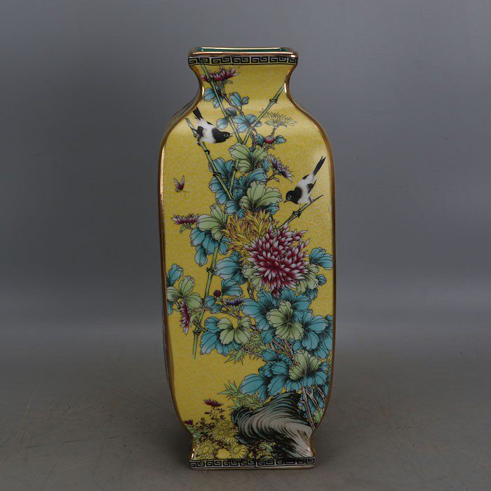 大清乾隆御製黃地琺瑯彩花鳥四方瓶做舊官窯仿古瓷古玩收藏擺件