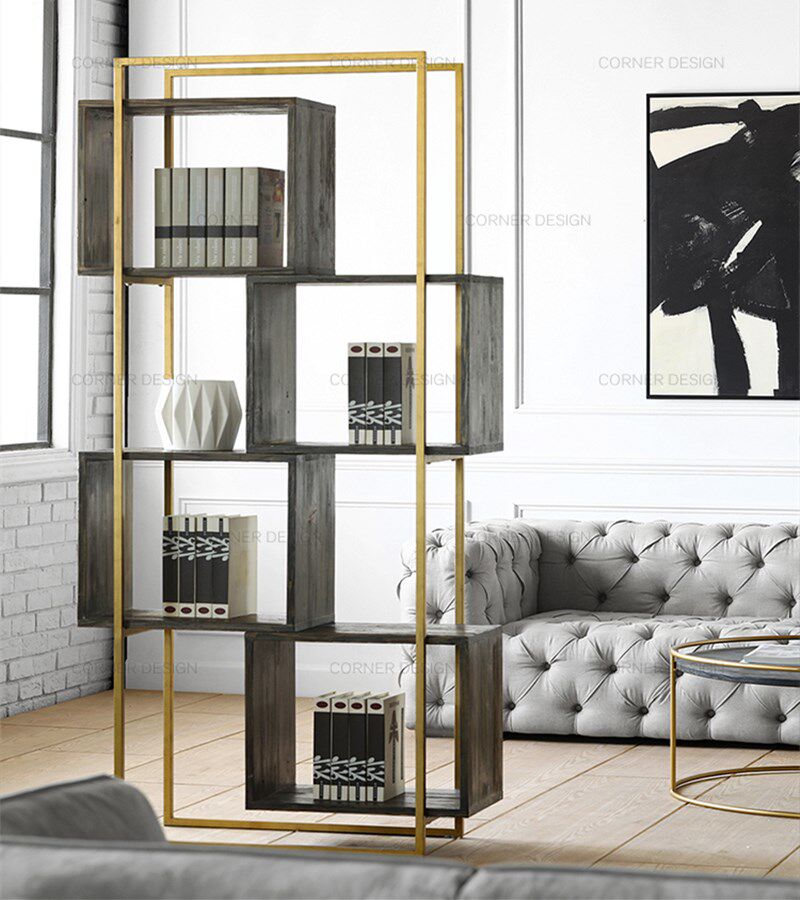 CORNER Home Iron Art Rack Living Room Bookshelves Solid Wood Nordic Shelf Household