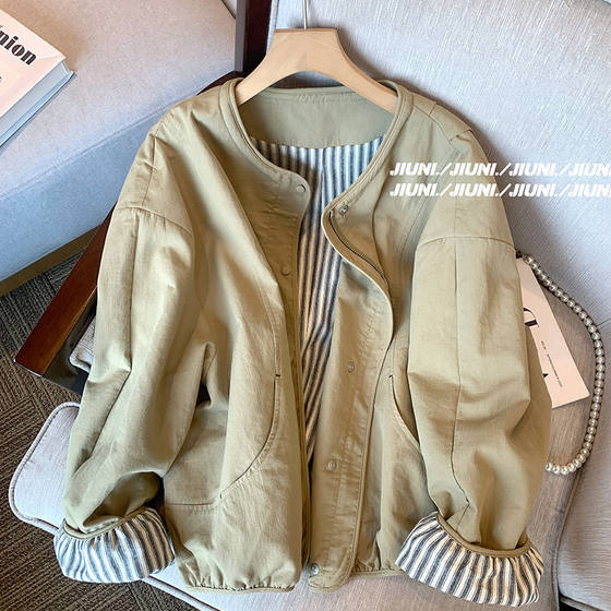 卡其色老钱风条纹短款外套女2024新款秋季复古宽松休闲气质夹克潮