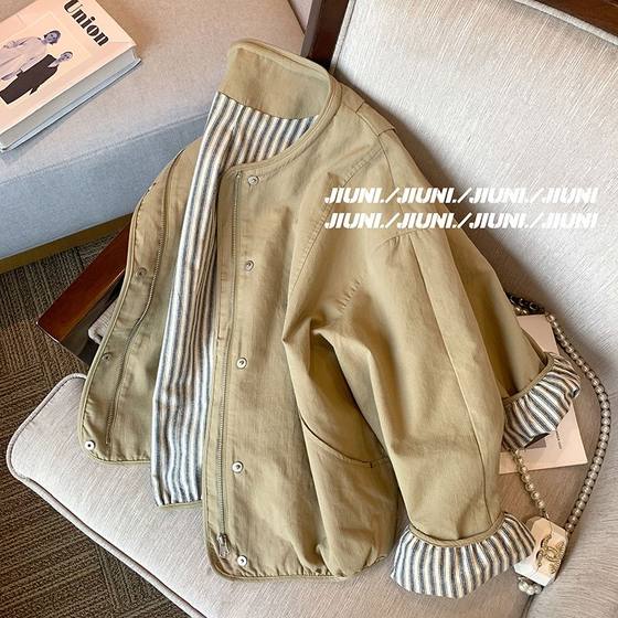 卡其色老钱风条纹短款外套女2024新款秋季复古宽松休闲气质夹克潮