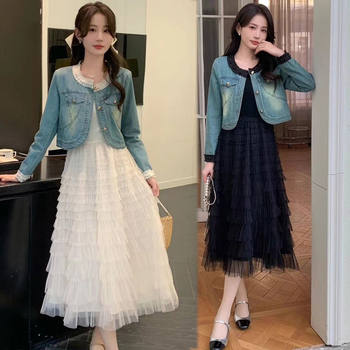 Denim short jacket mesh cake skirt western style two-piece dress 2025 early spring new style