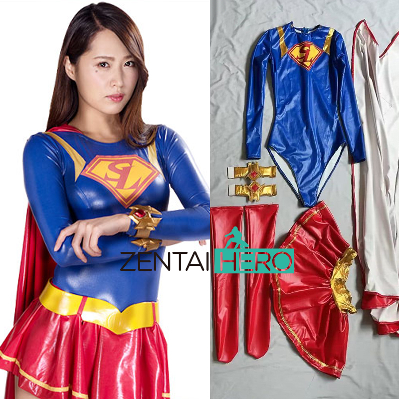 G Company Supergirl Heroine Costume Female Red and Blue Rubberized Patchwork Supergirl Bodysuit with Cape