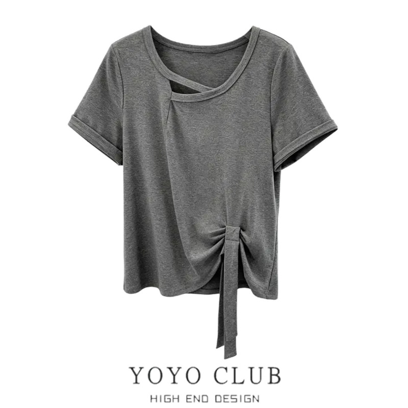 Brand Discount Plus-Size Regular Shoulder Short-Sleeve T-Shirt for Women, Summer, Slimming Design with Irregular Ribbon Top for Chubby Girls
