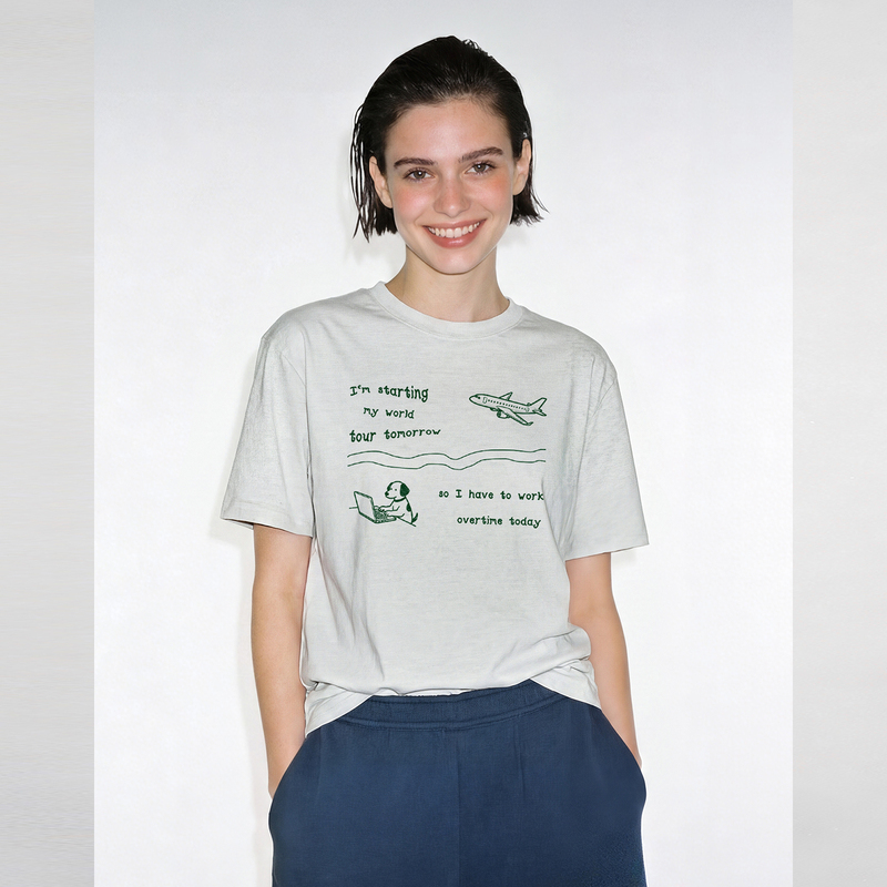 I'M Going to Travel Around the World Tomorrow, but I Have to Work Overtime Today. Dog Illustration Slogan Printed Short-Sleeved Cotton-Like Quick-Drying T-Shirt