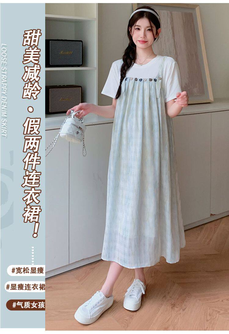 孕妇连衣裙2026新款夏季韩版时尚减龄假两件拼接吊带裙宽松孕妇装 — 3