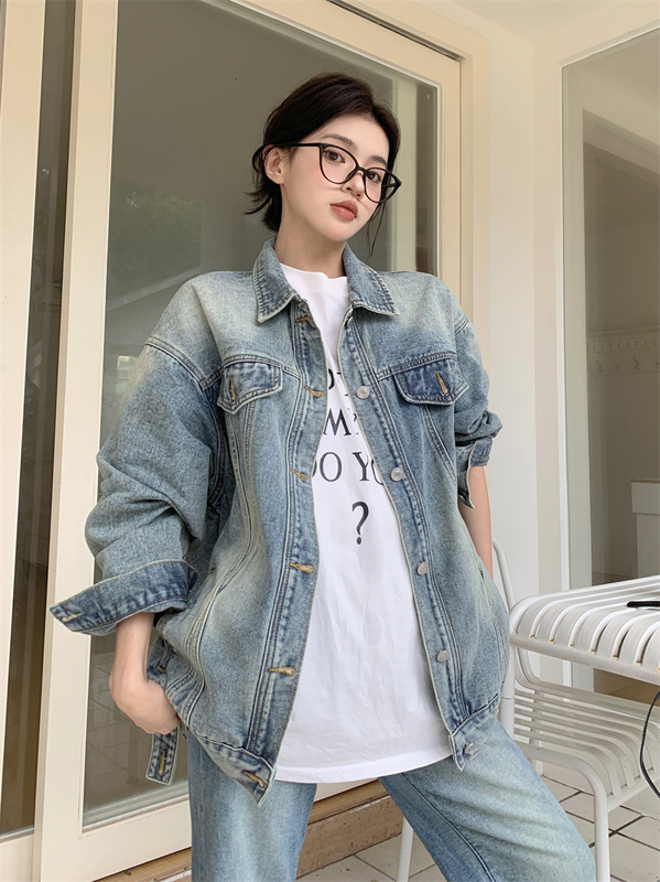 Plus-Size Women's New Korean-Style Loose Retro Street Fashion Brand Distressed Washed Large-Size Denim Jacket Loose Denim Clothing