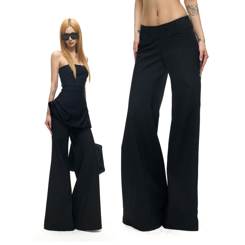 Fanptntox Pear-Shaped Tiancai Black Pinstripe Flared Suit Pants for Women, Slim Fit, Non-Stretch, Floor-Length Casual Trousers