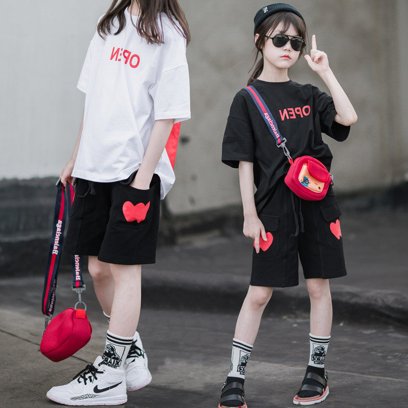 Girl Nets Red Suit Foreign Pie Children 2022 New Summer Slim Fit Children Short Sleeves Two Sets Tide