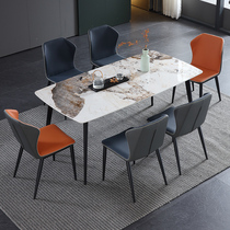 Italian Luxury Stone Bright Light Rock Plate Dining Table Home Small Family Type Rectangular Dining Table Light Lavish Marble Dining Table And Chairs Combination