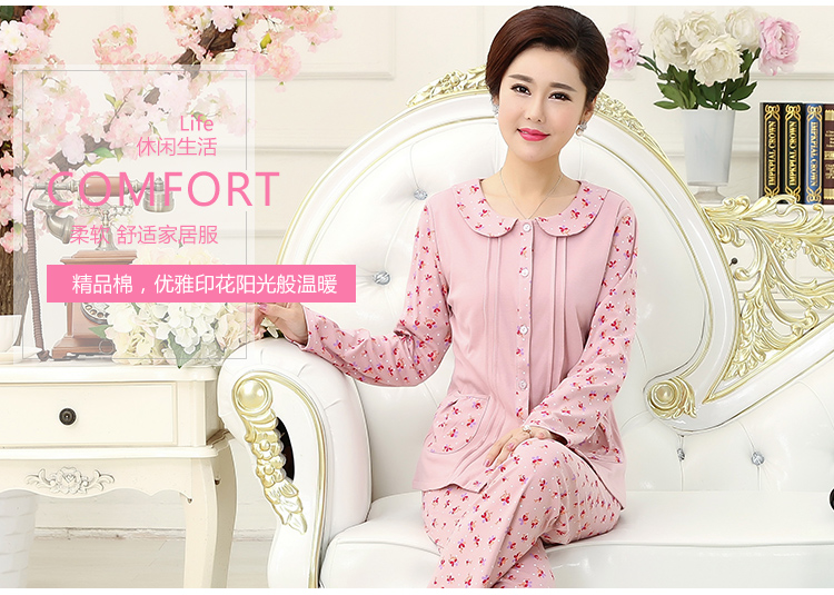 Mùa xuân và mùa thu mùa hè trung niên ông già đồ ngủ nữ cotton dài tay mẹ mô hình mother-in-law cotton trung niên người già dịch vụ nhà