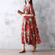 Mùa xuân và mùa hè mới của phụ nữ gió quốc gia khóa retro in kích thước lớn váy dài bằng vải cotton và váy ngắn tay