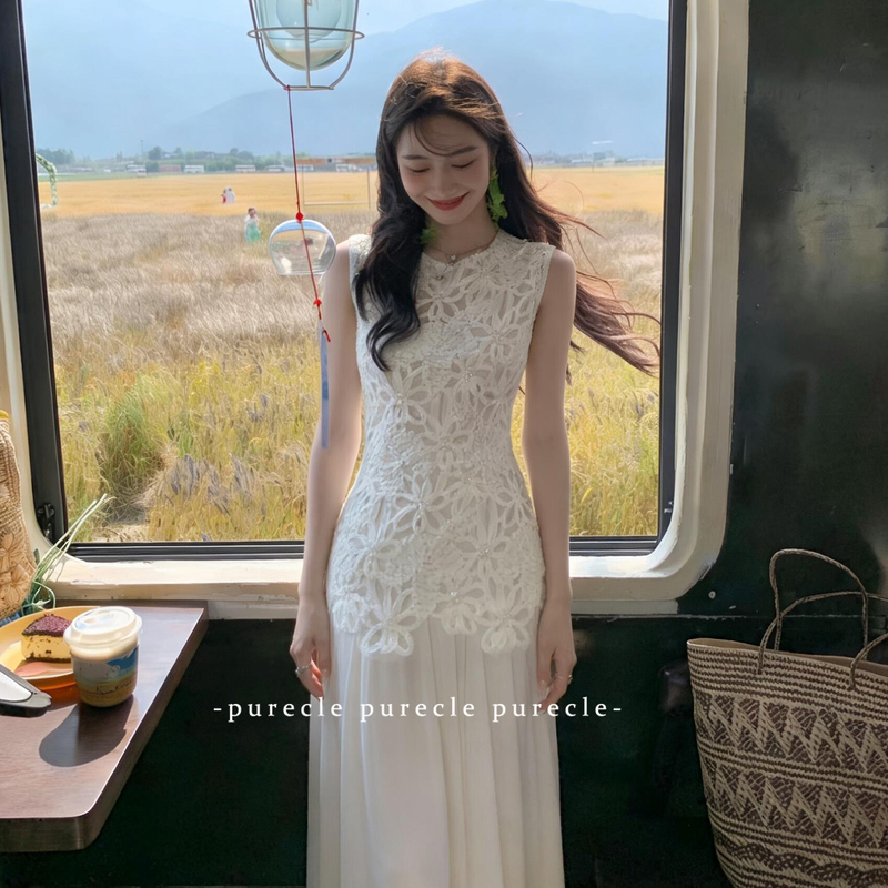 French-Style Dress for Women with a High-End Feel, Exquisite Hollow-Out Mesh Design, Birthday Gown, Vest Dress, Waist-Cinching Long Dress