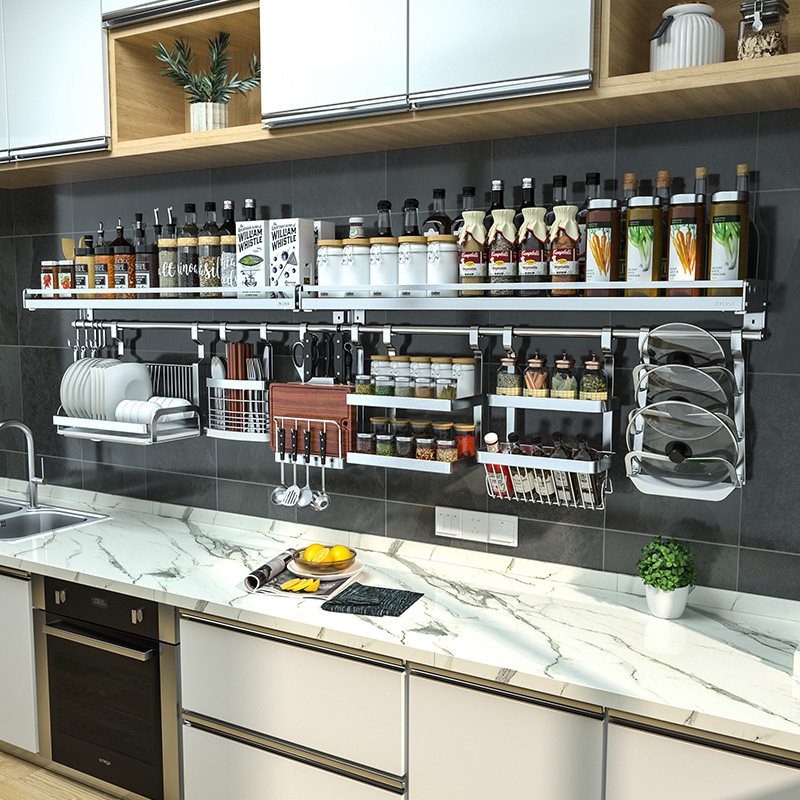 304 thickened stainless steel kitchen seasoning rack wall-mounted punch-free knife seasoning supplies storage shelf