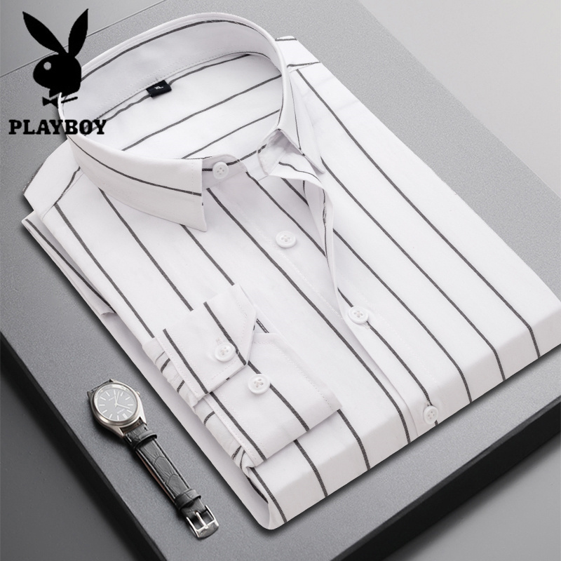 Playboy Spring and Summer New Long-Sleeved Striped Shirt Men's Solid Color Slim-Fit Short-Sleeved Business Casual Shirt Base Layer Playboy Spring and Summer New Long-Sleeved Striped Shirt Men's Solid Color Slim-Fit Short-Sleeved Business Casual Shirt Base Layer