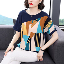 Middle Aged Mother Summer Clothing Pure Cotton Short Sleeve Women T-Shirt Snow-spinning Splicing Body-Shirt Loose Big Code Half Sleeves Thin