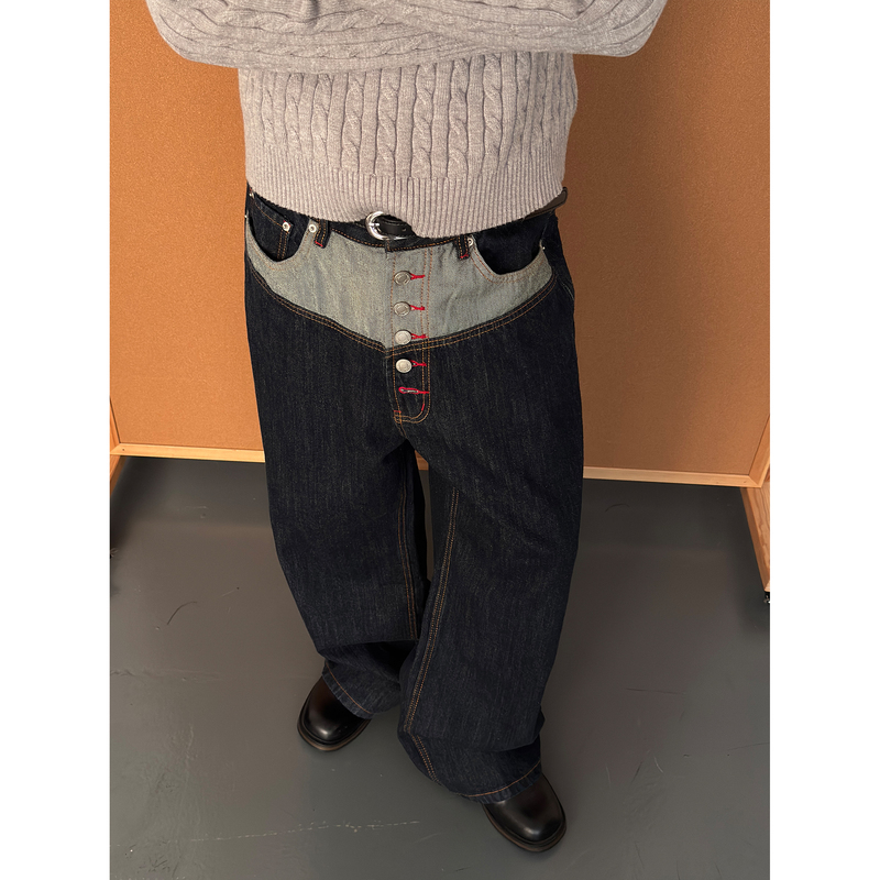 Cz2 Long Button-Up Patchwork Red-Edged Vintage Raw Denim Jeans for Men and Women, Straight-Leg, Loose, Casual, Versatile Long Pants