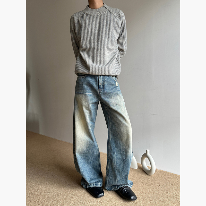 Cz2 American Retro Distressed Washed Silhouette Long Pants High Street Relaxed Vintage Loose Scimitar Jeans for Men and Women