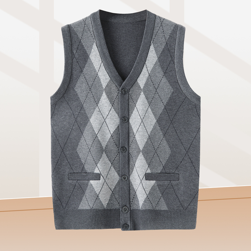 New Autumn and Winter Diamond-Patterned Vest for Middle-Aged and Elderly Men, V-Neck Cardigan, Warm Knitted Vest for Grandfathers