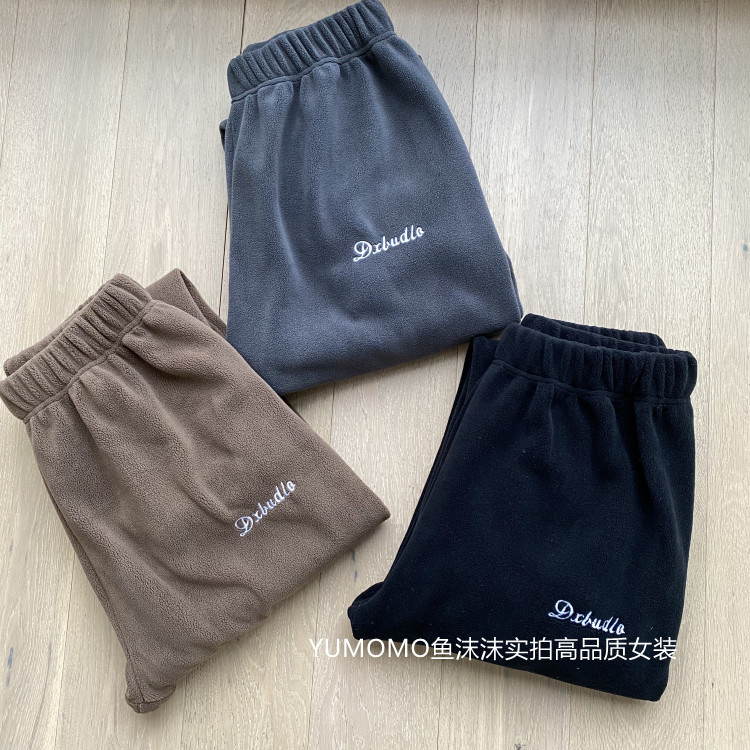 Three-color into 500 grams of double-sided velvet bunched feet plus velvet Wei pants Lazy warm pants home casual pants women loose wide legs