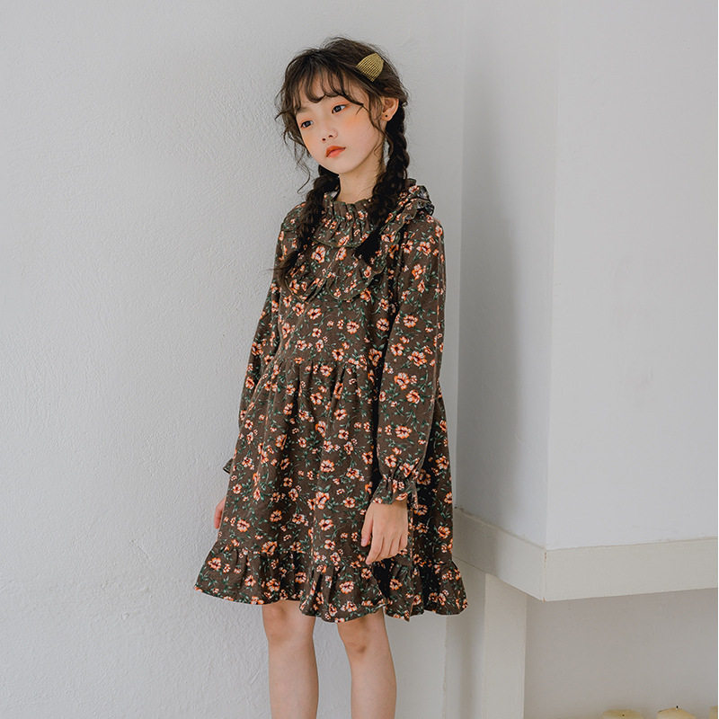 Girl Shatterflower Dress Foreign Dress 2021 Autumn Style Korean Version Long Sleeve Printed Autumn Winter Style Pure Cotton Mill Fur Retro Princess Dress