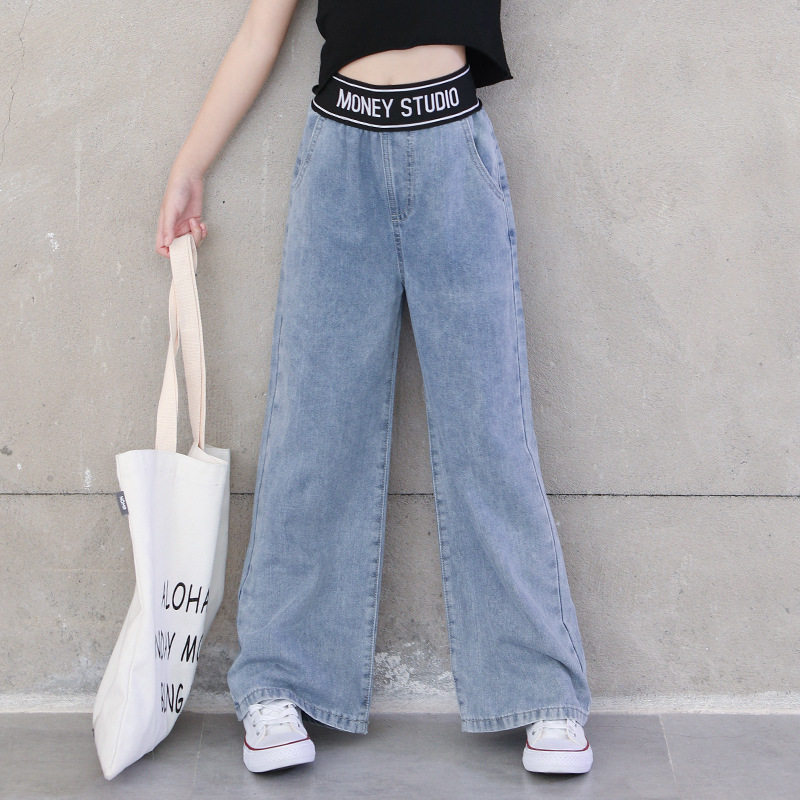 Parent-child thin jeans wide-leg pants 2021 summer girls letter printing elastic waist sports casual all-match trend