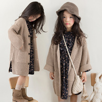 Autumn and winter childrens clothing new girl sweater Mori thick knitted V-neck cardigan jacket single-breasted sweater