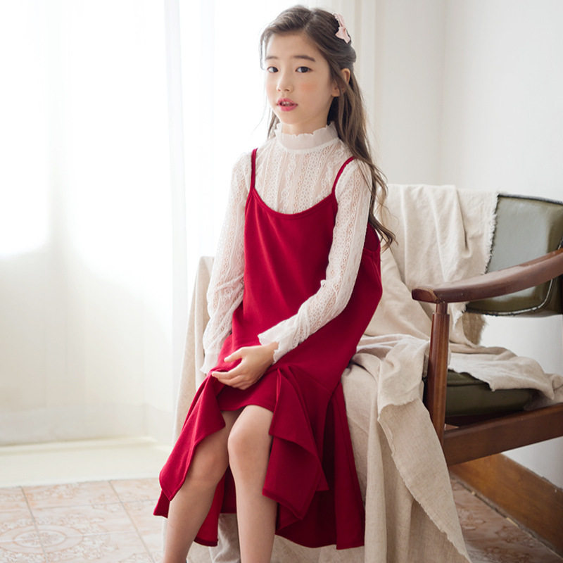 2019 Spring Girl Suit Dresses New Kids Slip Dresses Lace Long Sleeve T-Shirt 2-piece Korean Edition Sundat Tong