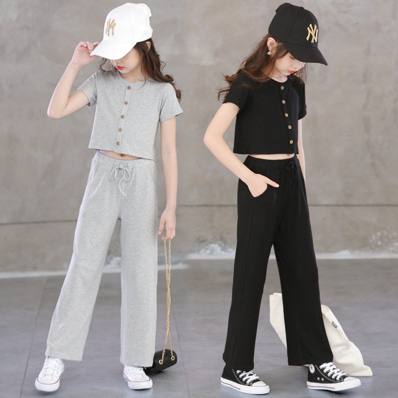 Parent-child summer style round collar short sleeve long pants Korean version girl suit 2020 High play slim pure color minimalist casual
