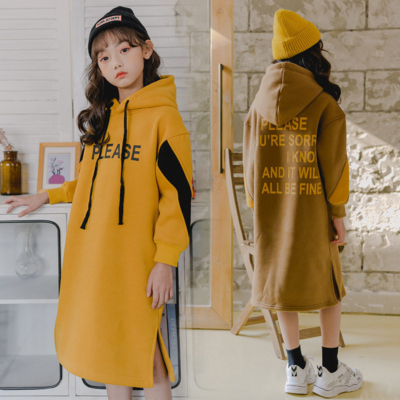 Parent-child Korean version Girls plus suede thickened thick cotton T skirt dress Long dress Winter new 2019 Tong Lianhood Leisure dress