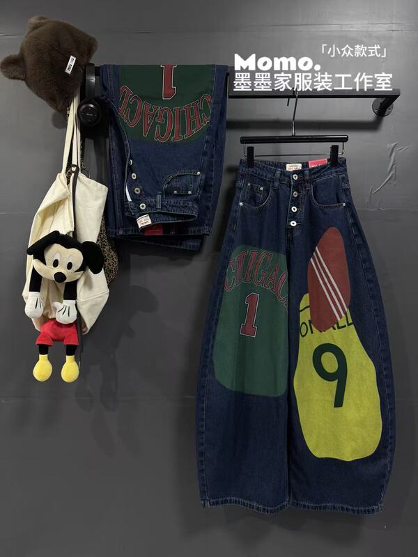 2026 Thirteen Rows American Style Fashion Hot Girl High Street Color Block Letter Print Denim Loose Wide-Leg Pants for Women Trendy 2026 Thirteen Rows American Style Fashion Hot Girl High Street Color Block Letter Print Denim Loose Wide-Leg Pants for Women Trendy