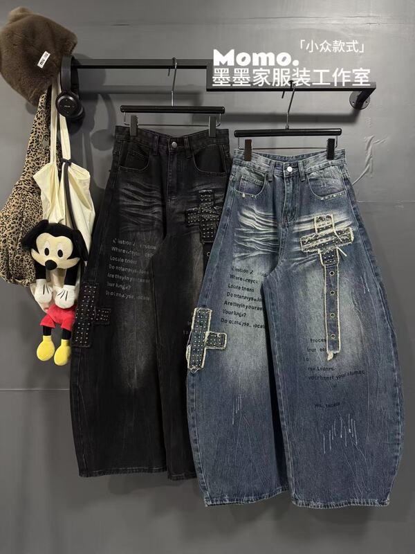 2026 New American-Style Heavy-Duty Retro Rivet Patchwork Niche Spicy Girl Loose Wide-Leg Scimitar Jeans 2026 New American-Style Heavy-Duty Retro Rivet Patchwork Niche Spicy Girl Loose Wide-Leg Scimitar Jeans