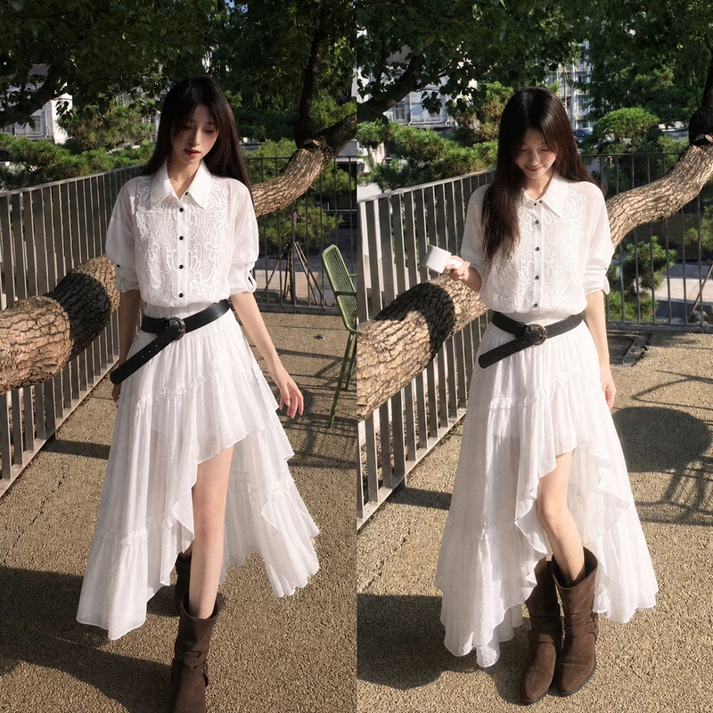 Elegant Shirt Dress for Women, Autumn 2026 New French Lace Irregular Hem Slimming Long Dress