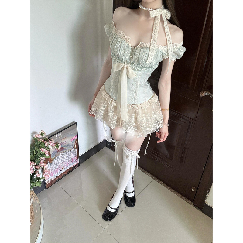 Gentle Style Niche Exquisite Set for Women, Summer French Retro Jacquard Lace Puff Sleeve Top and Flower Bud Skirt Two-Piece Set