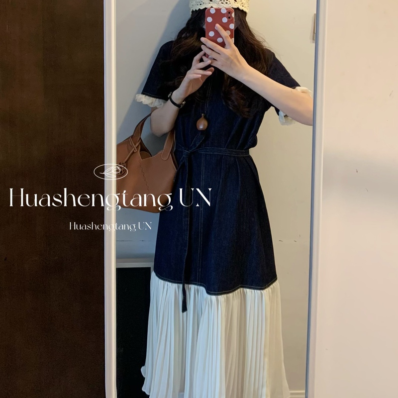 【Sunlight Alley】Korean Style Versatile Loose Slimming Patchwork Denim Dress (with Waist Tie) 【Sunlight Alley】Korean Style Versatile Loose Slimming Patchwork Denim Dress (with Waist Tie)