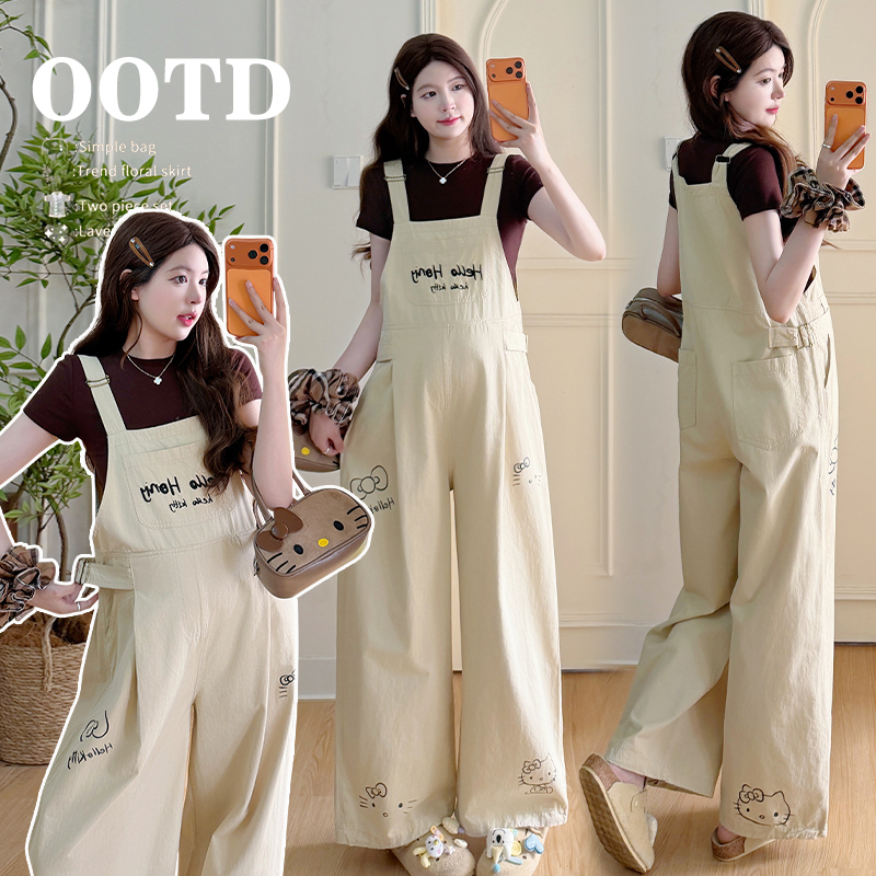 Maternity Japanese-Style Playful and Cute Graffiti Print Overalls for Women, Summer Thin Style, Super Popular Workwear Straight-Leg Wide-Leg Pants Set