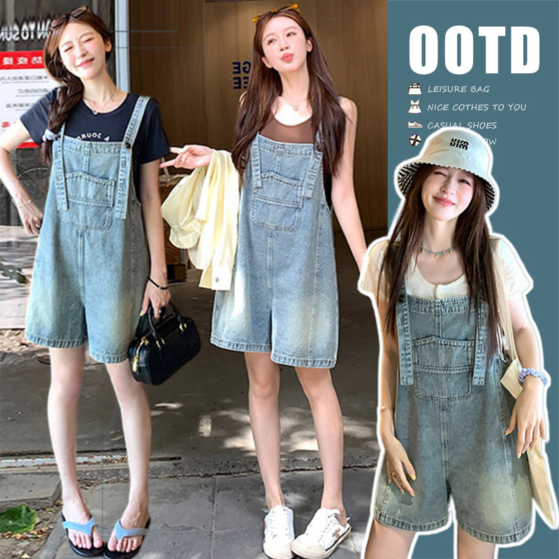Trendy American Retro Style Denim Overalls for Pregnant Women, Super Stylish Summer Outfit, Youthful and Petite Jumpsuit