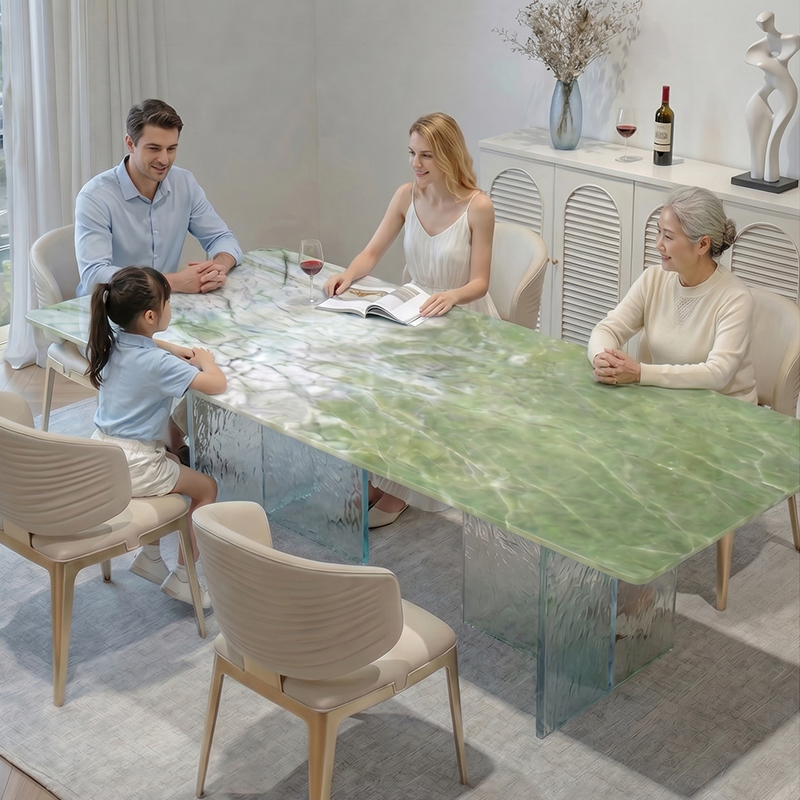 Natural Glacier Green Luxury Stone Dining Table, Italian Light Luxury Marble Villa, High-End and Sophisticated Rectangular Dining Table for the Living Room Natural Glacier Green Luxury Stone Dining Table, Italian Light Luxury Marble Villa, High-End and Sophisticated Rectangular Dining Table for the Living Room