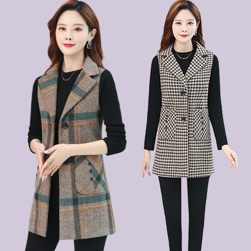 Mom's Spring and Autumn Plaid Suit Vest for Women 2024 New Stylish Large Size Vest Jacket for Middle-Aged and Elderly Women