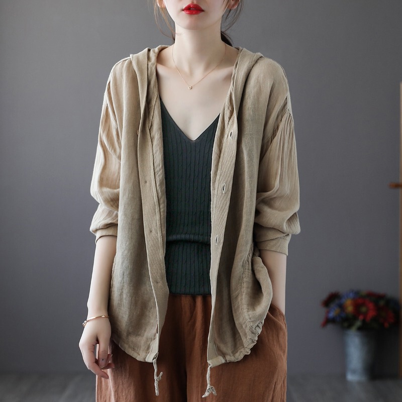 Brand Discount Women's Clothing Clearance Solid Color Cotton Linen Hooded Cardigan Jacket Loose Casual Linen Sun Protection Top Spring