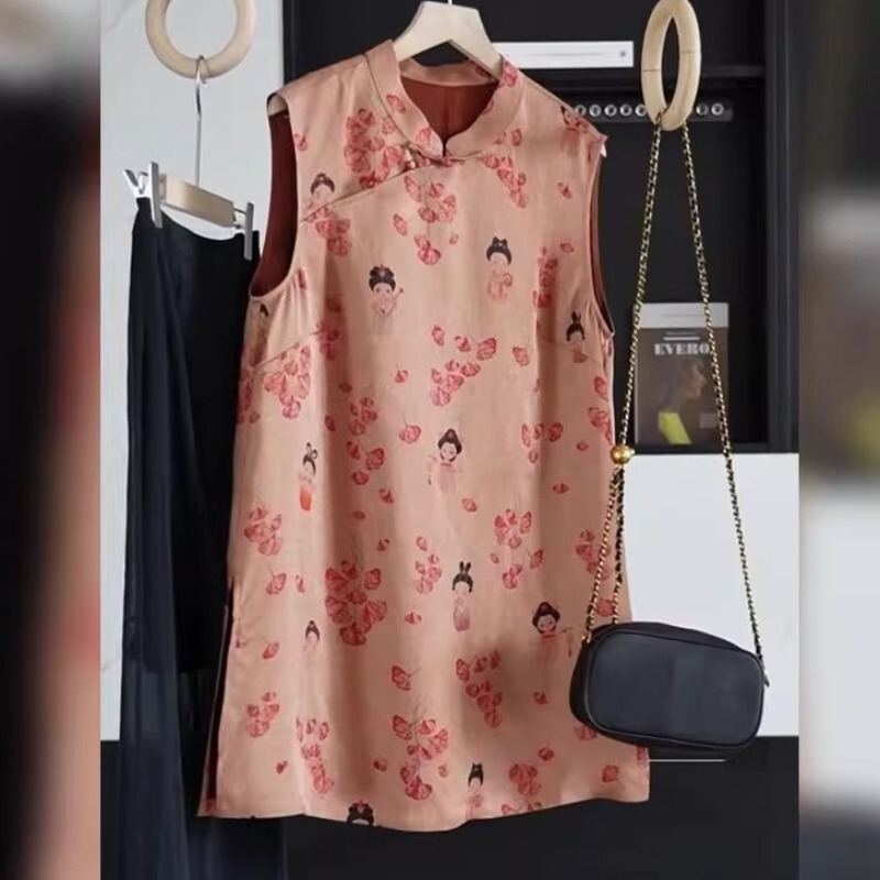 New Chinese-Style Xiangyun Silk Diagonal Collar Vest Shirt Dress for Women, Summer Mid-Length Improved Cheongsam Tang Suit Printed Sleeveless Top New Chinese-Style Xiangyun Silk Diagonal Collar Vest Shirt Dress for Women, Summer Mid-Length Improved Cheongsam Tang Suit Printed Sleeveless Top