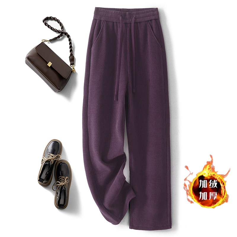 Purple Chenille Wide-Leg Pants for Women, Winter High-Waisted, Drapey, Slim-Fit, Fleece-Lined, Thick Corduroy, Floor-Length Straight Pants
