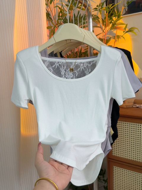 Pure lust hottie lace back hollow shoulder pad T-shirt women's new summer design slimming pleated short-sleeved top