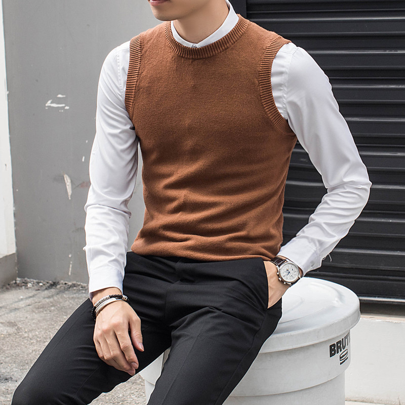 Phiên bản Hàn Quốc của áo len không tay nam vest cổ tròn mũ trùm đầu thanh niên áo vest nam hàn quốc