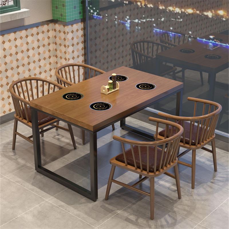 Industrial Style Solid Wood Dining Table, One Person One Pot Hot Pot Table, Induction Cooker Integrated, Theme Restaurant Hotel Table and Chair Set